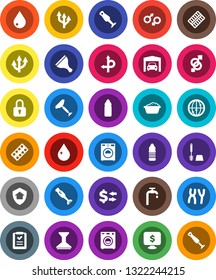 White Solid Icon Set- scraper vector, water drop, car fetlock, toilet brush, washer, foam basin, blender, exchange, monitor dollar, bottle, route, internet, gender sign, pills blister, chromosomes