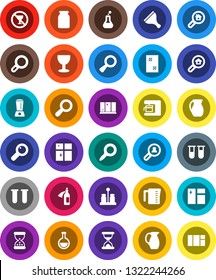 White Solid Icon Set- scraper vector, window cleaning, shining, measuring cup, spices, jug, jar, magnifier, no alcohol sign, glass, flask, vial, sand clock, potion, search estate, client, blender