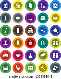 White Solid Icon Set- scraper vector, broom, vacuum cleaner, fetlock, mop, scoop, sponge, trash bin, car, shining, welcome mat, iron, toilet, brush, washer, washing powder, cleaning agent, washboard