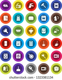 White Solid Icon Set- scraper vector, water tap, vacuum cleaner, scoop, sponge, steaming, washer, sink, pan, colander, grater, microwave oven, fridge, iron, dishwasher, kettle