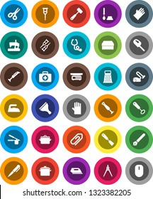 White Solid Icon Set- scraper vector, sponge, iron, toilet brush, rubber glove, pan, cook press, whisk, spatula, meat hammer, grater, pen, drawing compass, scissors, first aid kit, crutches, blender