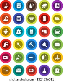 White Solid Icon Set- scraper vector, water tap, vacuum cleaner, fetlock, scoop, sponge, iron, steaming, drying clothes, sink, pan, kettle, colander, grater, washer, fridge, dishwasher
