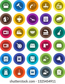 White Solid Icon Set- scraper vector, broom, vacuum cleaner, fetlock, scoop, sponge, iron, steaming, drying clothes, washer, sink, pan, colander, grater, dishwasher, microwave oven, kettle