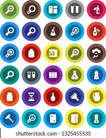 White Solid Icon Set- scraper vector, window cleaning, shining, oil, measuring cup, hand mill, jug, jar, magnifier, flask, cargo search, vial, sand clock, potion, cloud glass, estate, client