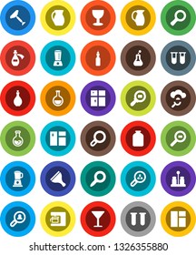 White Solid Icon Set- scraper vector, window cleaning, shining, oil, spices, jug, jar, magnifier, flask, glass, cargo search, vial, potion, cloud, client, coffee maker, blender