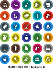 White Solid Icon Set- scraper vector, broom, water tap, vacuum cleaner, fetlock, mop, rake, scoop, bucket, clothespin, sponge, towel, trash bin, drop, bath, drying clothes, toilet brush, liquid soap
