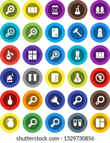 White Solid Icon Set- scraper vector, window cleaning, shining, oil, measuring cup, hand mill, spices, jug, magnifier, flask, no alcohol sign, cargo search, vial, sand clock, potion, estate, client