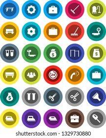 White Solid Icon Set- scraper vector, vacuum cleaner, rake, iron, steaming, case, money bag, horizontal bar, big scales, group, vial, scissors, gear, bench, 24 hour