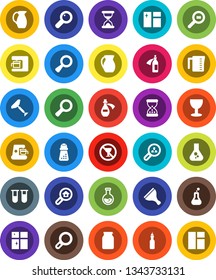 White Solid Icon Set- scraper vector, window cleaning, shining, measuring cup, hand mill, jug, jar, oil, magnifier, flask, no alcohol sign, glass, cargo search, vial, sand clock, potion, estate