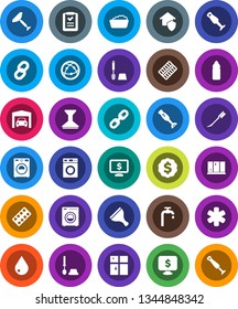 White Solid Icon Set- scraper vector, water drop, car fetlock, toilet brush, washer, foam basin, shining window, blender, dollar medal, monitor, bottle, internet, ambulance star, pills blister