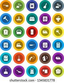 White Solid Icon Set- scraper vector, broom, vacuum cleaner, fetlock, scoop, sponge, iron, steaming, drying clothes, washer, sink, pan, grater, fridge, dishwasher, oven, kettle