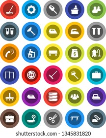 White Solid Icon Set- scraper vector, vacuum cleaner, rake, iron, steaming, student, case, horizontal bar, big scales, group, vial, scissors, data, gear, bench, money bag, 24 hour