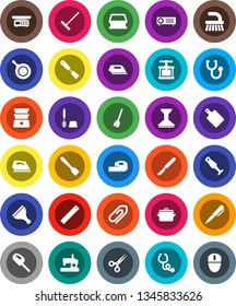 White Solid Icon Set- scraper vector, broom, fetlock, rake, sponge, car, iron, toilet brush, pan, cook press, spatula, cutting board, double boiler, blender, ruler, pen, measuring, scissors, scalpel