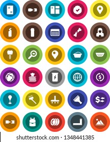 White Solid Icon Set- scraper vector, vacuum cleaner, window cleaning, foam basin, agent, plates, woman, colander, cookbook, corner ruler, backpack, exchange, punching bag, enegry drink, calendar