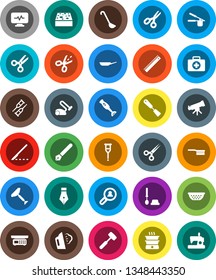 White Solid Icon Set- scraper vector, fetlock, sponge, steaming, toilet brush, pan, colander, cook press, spatula, ladle, meat hammer, blender, pen, ruler, telescope, scissors, first aid kit, coupon