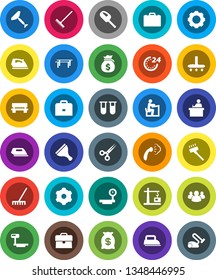 White Solid Icon Set- scraper vector, vacuum cleaner, rake, iron, steaming, student, case, money bag, horizontal bar, big scales, group, vial, scissors, gear, bench, construction crane, 24 hour