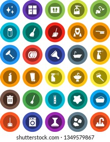 White Solid Icon Set- scraper vector, broom, vacuum cleaner, fetlock, scoop, clothespin, trash bin, car, shining, splotch, welcome mat, bath, washer, foam basin, liquid soap, sprayer, cleaning agent