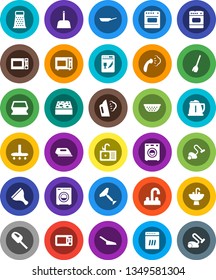 White Solid Icon Set- scraper vector, broom, vacuum cleaner, scoop, sponge, steaming, sink, water tap, pan, kettle, colander, grater, microwave oven, washer, iron, dishwasher