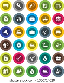 White Solid Icon Set- scraper vector, vacuum cleaner, rake, iron, steaming, case, money bag, big scales, group, vial, scissors, data, gear, bench, construction crane