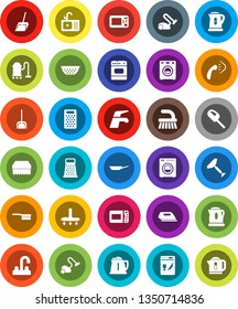 White Solid Icon Set- scraper vector, water tap, vacuum cleaner, fetlock, scoop, sponge, steaming, sink, pan, kettle, colander, grater, washer, iron, dishwasher, microwave oven