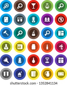 White Solid Icon Set- scraper vector, window cleaning, shining, oil, measuring cup, hand mill, spices, jug, jar, magnifier, flask, no alcohol sign, glass, vial, sand clock, potion, client search