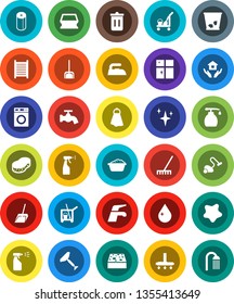 White Solid Icon Set- scraper vector, cleaner trolley, water tap, vacuum, scoop, rake, sponge, towel, trash bin, drop, shining, splotch, iron, washer, foam basin, liquid soap, sprayer, washboard