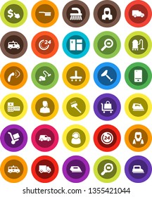 White Solid Icon Set- scraper vector, vacuum cleaner, fetlock, window cleaning, iron, steaming, woman, dollar cursor, delivery, car, cargo search, mobile phone, hospital building, amkbulance