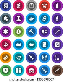 White Solid Icon Set- scraper vector, car fetlock, window cleaning, toilet brush, washer, foam basin, blender, exchange, dollar medal, monitor, water bottle, route, ambulance star, gender sign, pond