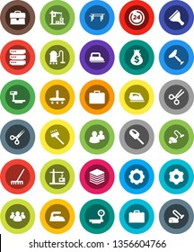 White Solid Icon Set- scraper vector, vacuum cleaner, rake, iron, case, money bag, horizontal bar, big scales, group, scissors, data, gear, construction crane, 24 hour