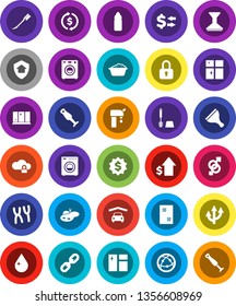 White Solid Icon Set- scraper vector, water drop, car fetlock, window cleaning, toilet brush, foam basin, shining, blender, exchange, dollar growth, medal, bottle, internet, gender sign, chromosomes