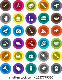 White Solid Icon Set- scraper vector, sponge, iron, toilet brush, rubber glove, colander, spatula, ladle, rolling pin, cutting board, sieve, pen, drawing compass, telescope, scissors, first aid kit