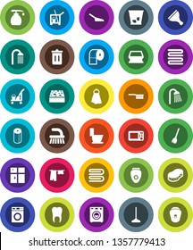 White Solid Icon Set- scraper vector, cleaner trolley, broom, fetlock, mop, scoop, sponge, towel, trash bin, toilet, drying clothes, washer, liquid soap, shining window, paper, shower, tooth