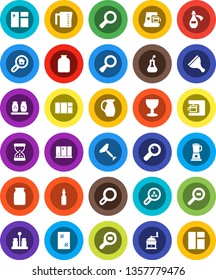 White Solid Icon Set- scraper vector, window cleaning, shining, measuring cup, hand mill, spices, jug, jar, oil, magnifier, glass, cargo search, flask, sand clock, potion, estate, client, blender