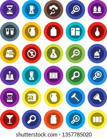 White Solid Icon Set- scraper vector, window cleaning, shining, oil, hand mill, spices, jug, jar, magnifier, flask, no alcohol sign, glass, cargo search, vial, sand clock, cloud, estate, client