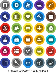 White Solid Icon Set- scraper vector, vacuum cleaner, rake, iron, steaming, student, case, horizontal bar, group, vial, scissors, big data, gear, bench, money bag, 24 hour