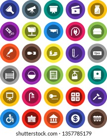 White Solid Icon Set- scraper vector, sponge, liquid soap, camping cauldron, graduate hat, university, telescope, abacus, presentation, auction, board, ship, cinema clap, disabled, pills bottle