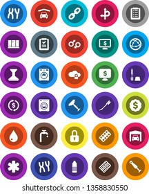 White Solid Icon Set- scraper vector, water drop, car fetlock, toilet brush, washer, shining window, exchange, dollar medal, monitor, bottle, route, internet, ambulance star, gender sign, cloud lock