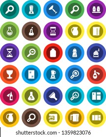 White Solid Icon Set- scraper vector, window cleaning, measuring cup, hand mill, spices, jug, jar, magnifier, flask, glass, cargo search, sand clock, potion, estate, client, coffee maker, blender