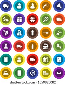 White Solid Icon Set- scraper vector, vacuum cleaner, fetlock, car, window cleaning, iron, steaming, agent, shining, dollar cursor, phone 24, support, delivery, cargo search, mobile, hour, trolley