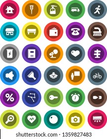 White Solid Icon Set- scraper vector, fetlock, liquid soap, copybook, blackboard, alarm clock, school bus, wallet, heart pulse, bike, fitball, enegry drink, run, signpost, cargo search, camera, key