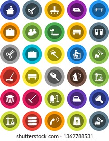 White Solid Icon Set- scraper vector, vacuum cleaner, rake, steaming, student, case, horizontal bar, big scales, group, vial, scissors, data, bench, construction crane, money bag, iron