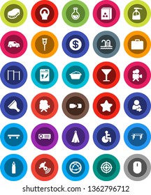 White Solid Icon Set- scraper vector, sponge, foam basin, liquid soap, towel, cereal, flask, case, horizontal bar, punching bag, skateboard, target, pool, car, glass, satellitie, video camera, login
