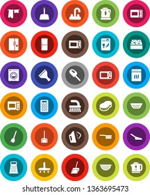 White Solid Icon Set- scraper vector, broom, vacuum cleaner, fetlock, scoop, sponge, steaming, drying clothes, water tap, colander, grater, microwave oven, washer, fridge, dishwasher, kettle