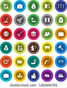 White Solid Icon Set- scraper vector, vacuum cleaner, rake, iron, steaming, student, case, money bag, horizontal bar, big scales, group, vial, scissors, data, bench, construction crane, 24 hour