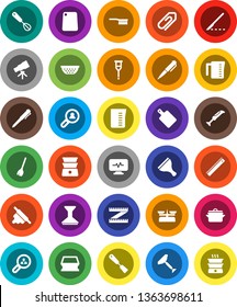 White Solid Icon Set- scraper vector, broom, fetlock, sponge, car, pan, colander, measuring cup, whisk, spatula, rolling pin, cutting board, double boiler, ruler, pen, telescope, crutches, scalpel