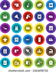 White Solid Icon Set- scraper vector, broom, water tap, vacuum cleaner, fetlock, scoop, sponge, iron, drying clothes, washer, sink, pan, grater, fridge, dishwasher, oven, kettle
