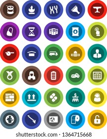 White Solid Icon Set- scraper vector, toilet paper, cleaner woman, school building, schedule, bus, world, crisis, bank, medal, sports nutrition, client, consolidated cargo, dry, top sign, flammable