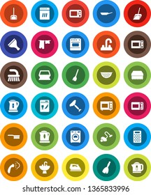 White Solid Icon Set- scraper vector, broom, vacuum cleaner, fetlock, scoop, sponge, iron, steaming, drying clothes, washer, sink, water tap, pan, kettle, colander, grater, microwave oven