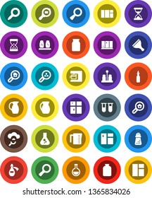 White Solid Icon Set- scraper vector, window cleaning, shining, measuring cup, hand mill, spices, jug, jar, oil, magnifier, flask, cargo search, vial, sand clock, potion, cloud glass, estate, client