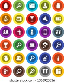 White Solid Icon Set- scraper vector, window cleaning, shining, hand mill, spices, jug, jar, oil, magnifier, flask, glass, cargo search, vial, sand clock, potion, cloud, estate, coffee maker